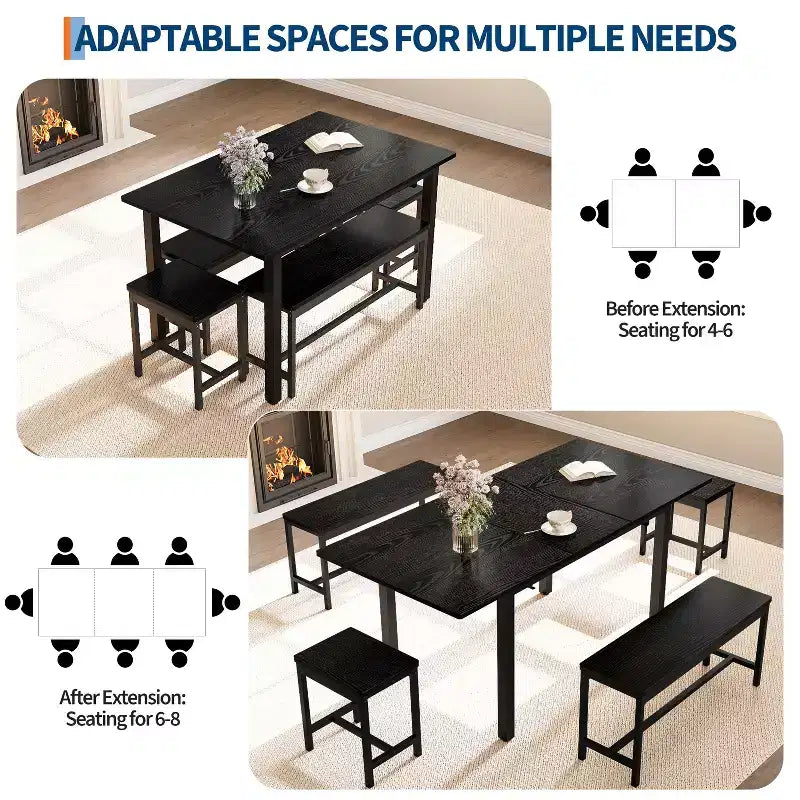 Juego de comedor extensible de 5 piezas para 4-8 personas, 2 bancos y 2 taburetes, juego de muebles de comedor modernos, fácil montaje