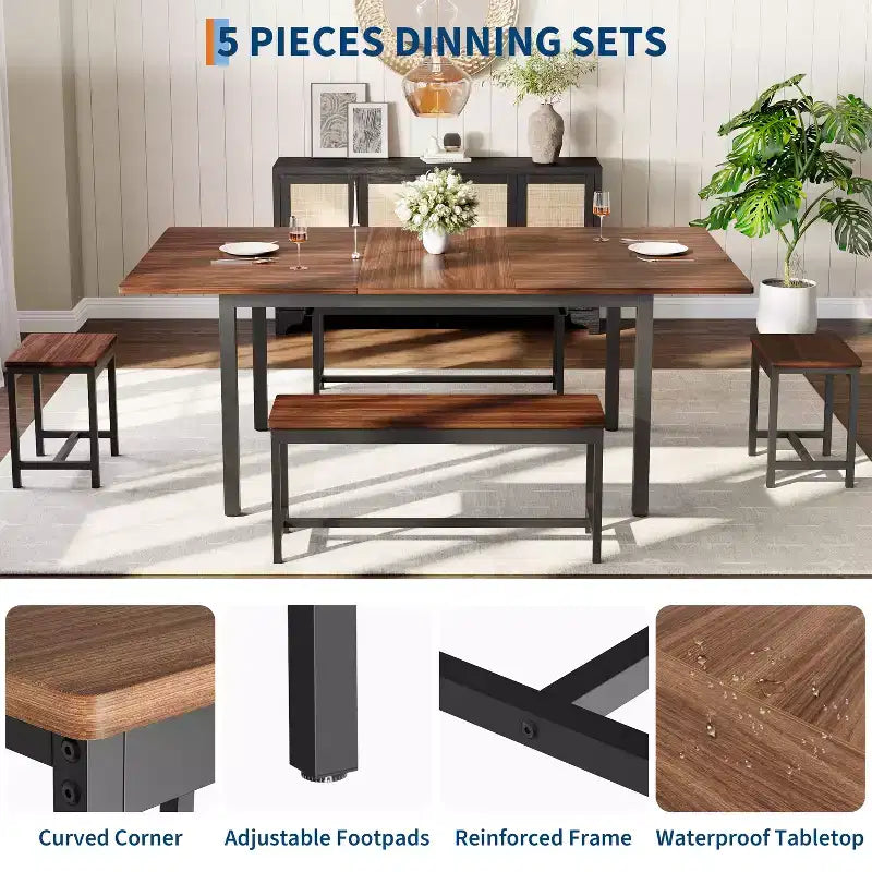 Juego de comedor extensible de 5 piezas para 4-8 personas, 2 bancos y 2 taburetes, juego de muebles de comedor modernos, fácil montaje
