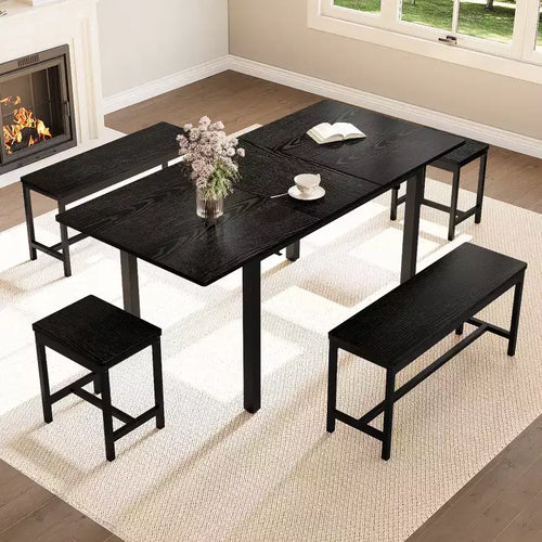 5-Piece Extendable Dining Table Set for 4-8 People, 2 Benches & 2 Stools, Modern Dining Room Furniture Sets, Easy Assembly