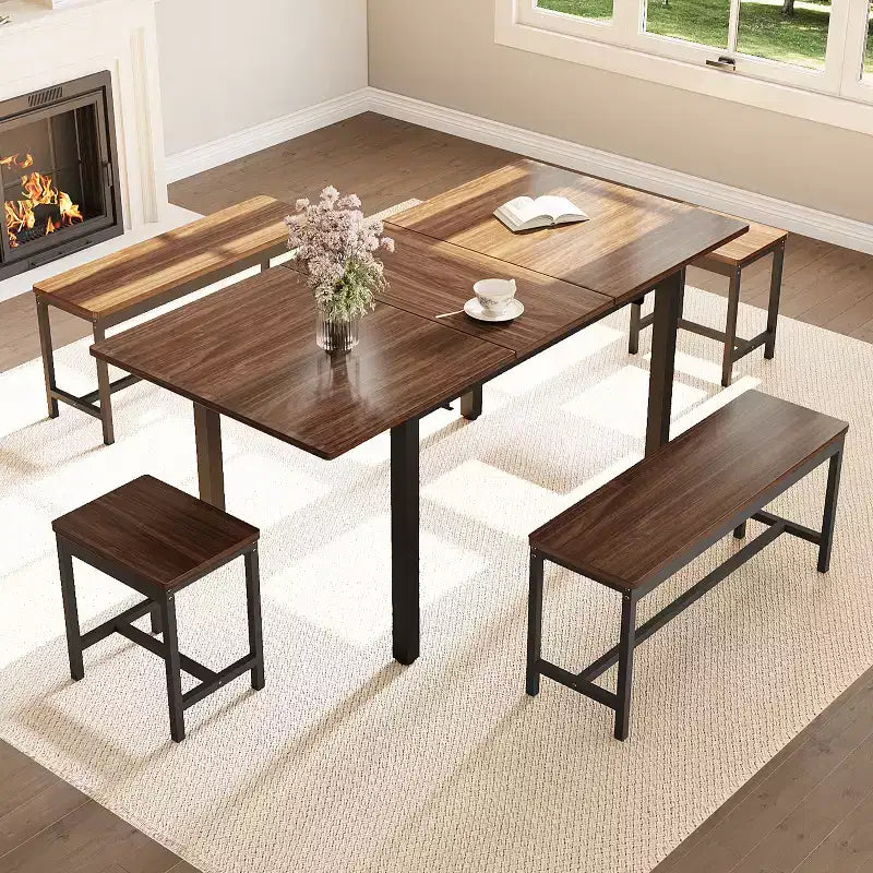 Juego de comedor extensible de 5 piezas para 4-8 personas, 2 bancos y 2 taburetes, juego de muebles de comedor modernos, fácil montaje