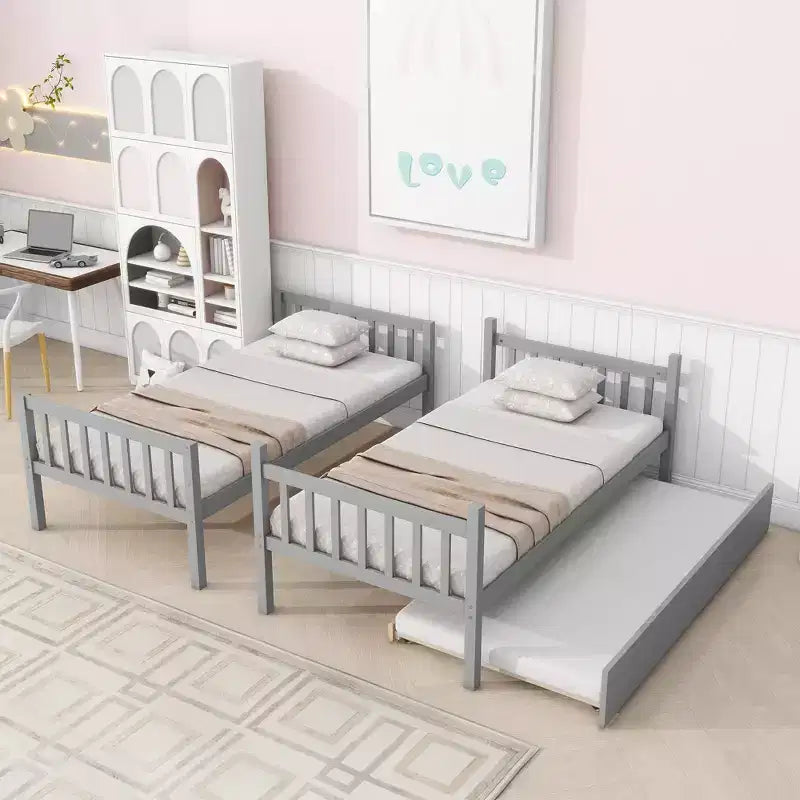 Litera MAYEERTY doble de madera de caucho con nido Litera doble con escalera y barandillas de seguridad Gris