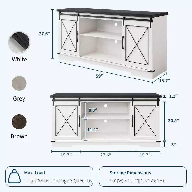 Mueble de TV, Centro de entretenimiento con puertas corredizas de granero y estante ajustable, Mesa consola multimedia de TV con armario de almacenamiento
