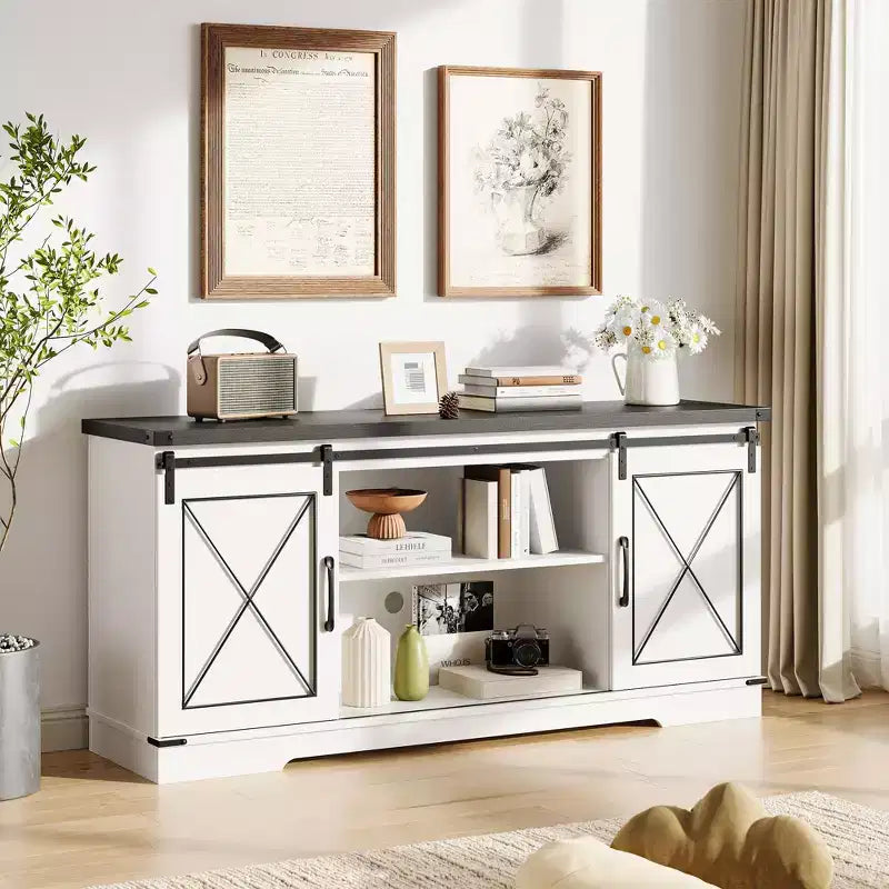 Mueble de TV, Centro de entretenimiento con puertas corredizas de granero y estante ajustable, Mesa consola multimedia de TV con armario de almacenamiento