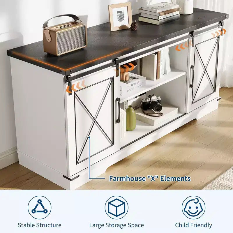 Mueble de TV, Centro de entretenimiento con puertas corredizas de granero y estante ajustable, Mesa consola multimedia de TV con armario de almacenamiento