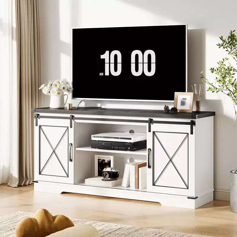 Mueble de TV, Centro de entretenimiento con puertas corredizas de granero y estante ajustable, Mesa consola multimedia de TV con armario de almacenamiento