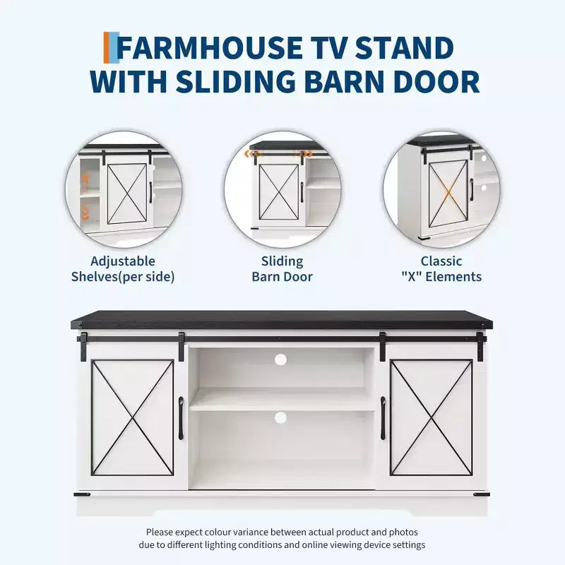 Mueble de TV, Centro de entretenimiento con puertas corredizas de granero y estante ajustable, Mesa consola multimedia de TV con armario de almacenamiento