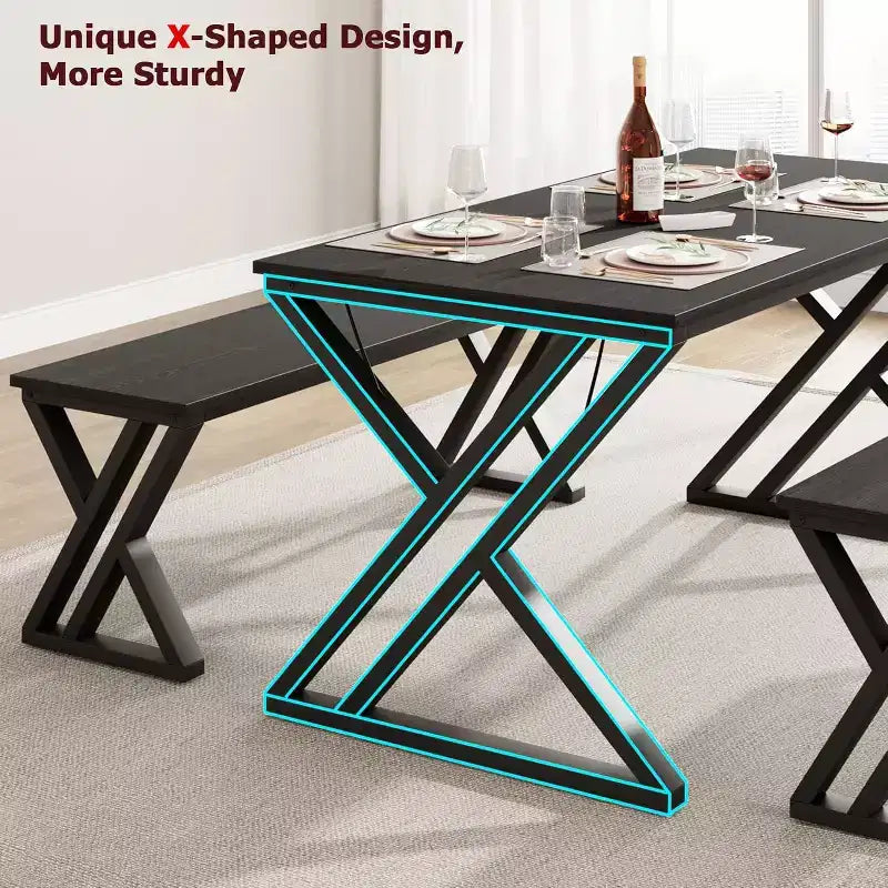 Juego de mesa de comedor para 4-6 personas, juego de mesa de cocina grande de 55 pulgadas con 2 bancos, negro