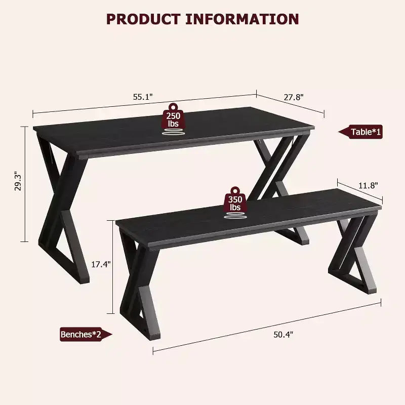 Juego de mesa de comedor para 4-6 personas, juego de mesa de cocina grande de 55 pulgadas con 2 bancos, negro