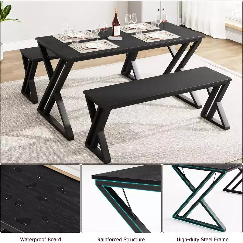 Juego de mesa de comedor para 4-6 personas, juego de mesa de cocina grande de 55 pulgadas con 2 bancos, negro