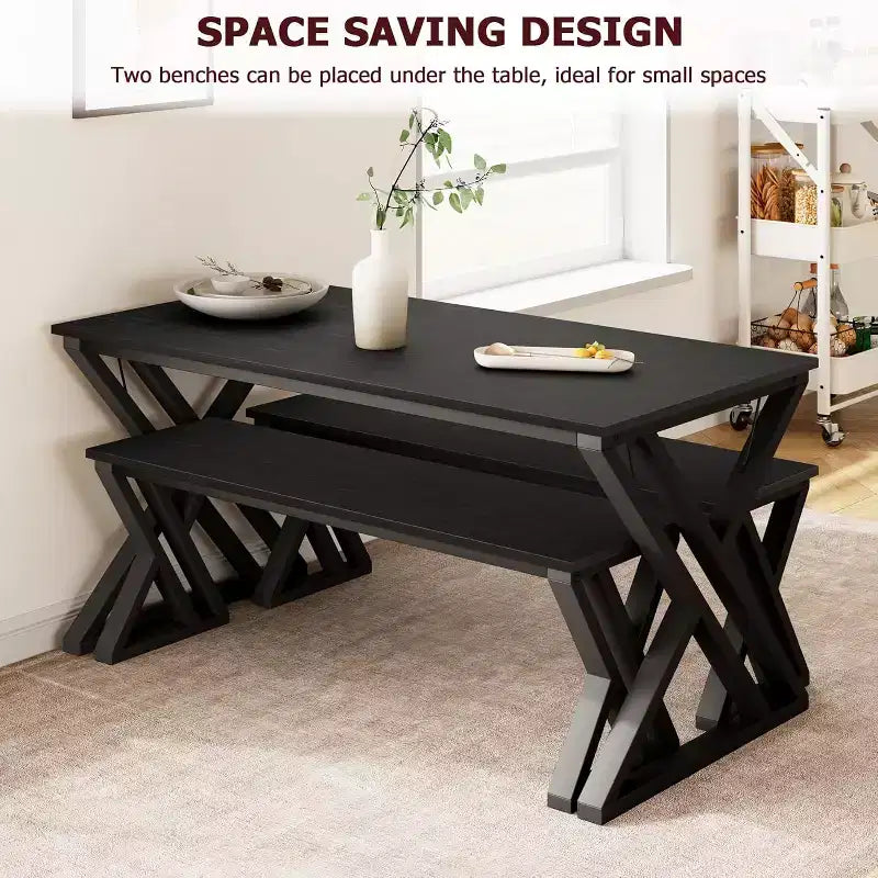 Juego de mesa de comedor para 4-6 personas, juego de mesa de cocina grande de 55 pulgadas con 2 bancos, negro