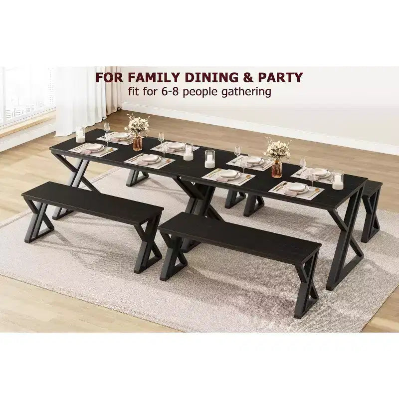 Juego de mesa de comedor para 4-6 personas, juego de mesa de cocina grande de 55 pulgadas con 2 bancos, negro