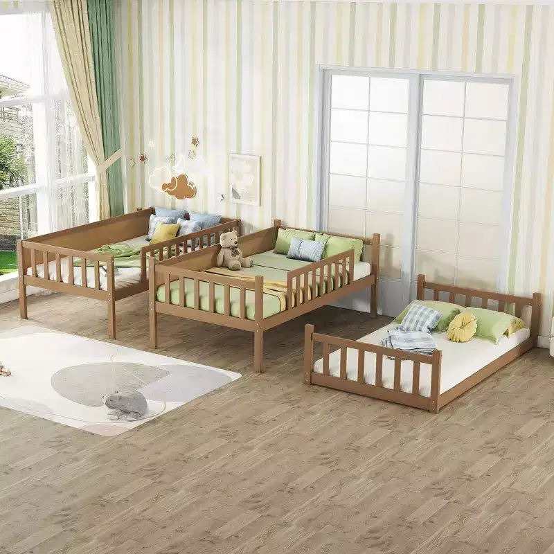 Litera triple MAYEERTY Twin Size de madera de caucho con escaleras, barandillas, litera desmontable para dormitorio