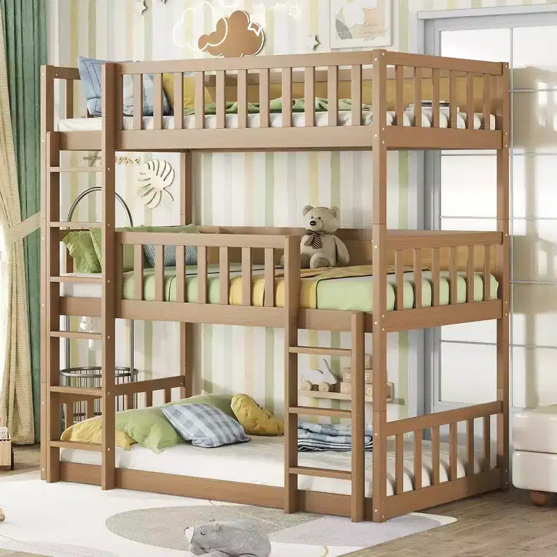 Litera triple MAYEERTY Twin Size de madera de caucho con escaleras, barandillas, litera desmontable para dormitorio