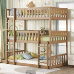 Litera triple MAYEERTY Twin Size de madera de caucho con escaleras, barandillas, litera desmontable para dormitorio