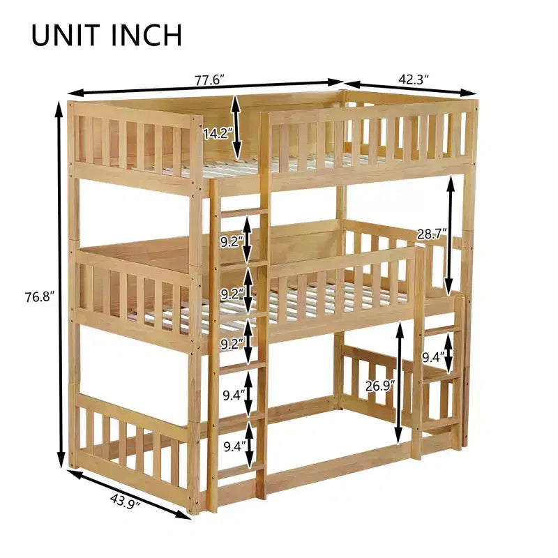 Litera triple MAYEERTY Twin Size de madera de caucho con escaleras, barandillas, litera desmontable para dormitorio