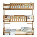 Litera triple MAYEERTY Twin Size de madera de caucho con escaleras, barandillas, litera desmontable para dormitorio