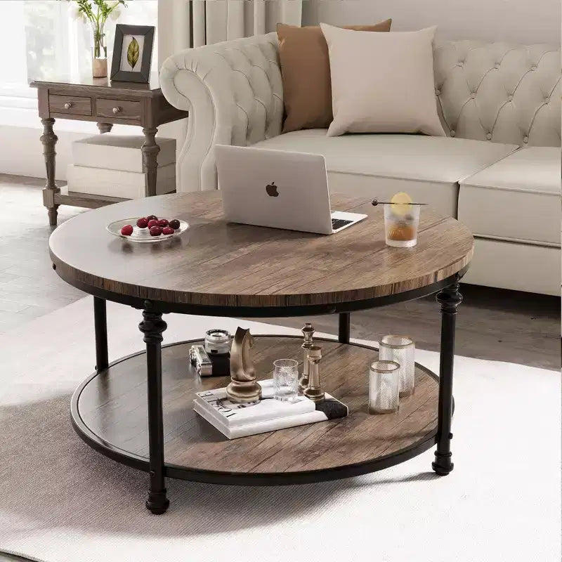 Mesa de centro rústica de madera de 2 niveles, mesa de centro redonda, para sala de estar,