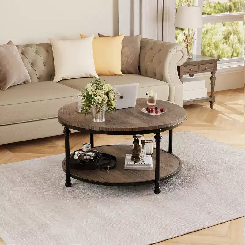Mesa de centro rústica de madera de 2 niveles, mesa de centro redonda, para sala de estar,