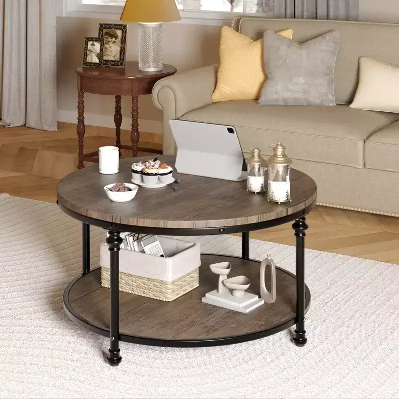 Mesa de centro rústica de madera de 2 niveles, mesa de centro redonda, para sala de estar,