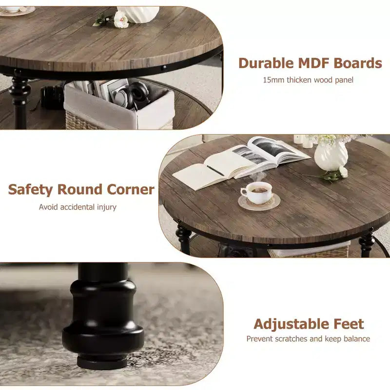 Mesa de centro rústica de madera de 2 niveles, mesa de centro redonda, para sala de estar,