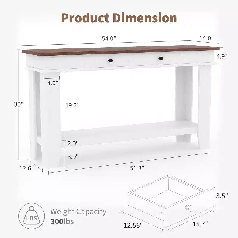 Mesa consola larga de 54 pulgadas, mesa de entrada de madera con 2 cajones y estante de almacenamiento abierto, mesa para recibidor, pasillo, sala de estar