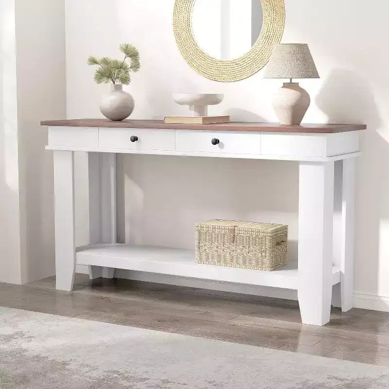 Mesa consola larga de 54 pulgadas, mesa de entrada de madera con 2 cajones y estante de almacenamiento abierto, mesa para recibidor, pasillo, sala de estar