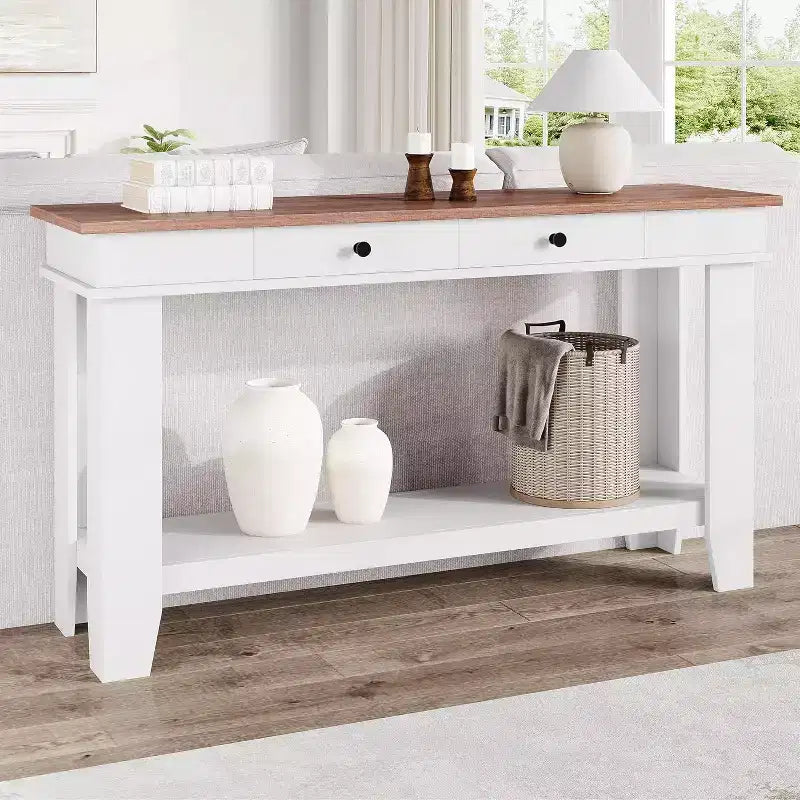 Mesa consola larga de 54 pulgadas, mesa de entrada de madera con 2 cajones y estante de almacenamiento abierto, mesa para recibidor, pasillo, sala de estar