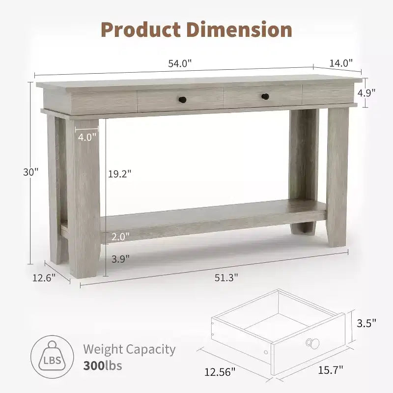 Mesa consola larga de 54 pulgadas, mesa de entrada de madera con 2 cajones y estante de almacenamiento abierto, mesa para recibidor, pasillo, sala de estar