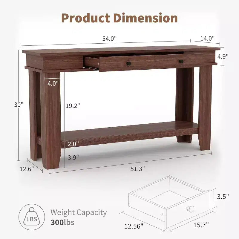 Mesa consola larga de 54 pulgadas, mesa de entrada de madera con 2 cajones y estante de almacenamiento abierto, mesa para recibidor, pasillo, sala de estar