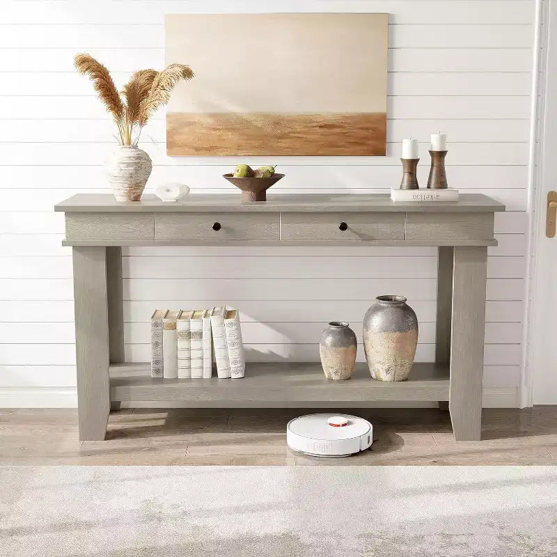 Mesa consola larga de 54 pulgadas, mesa de entrada de madera con 2 cajones y estante de almacenamiento abierto, mesa para recibidor, pasillo, sala de estar