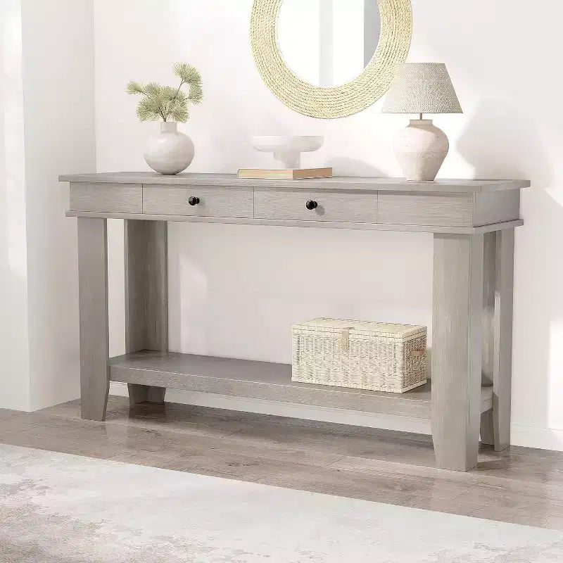 Mesa consola larga de 54 pulgadas, mesa de entrada de madera con 2 cajones y estante de almacenamiento abierto, mesa para recibidor, pasillo, sala de estar