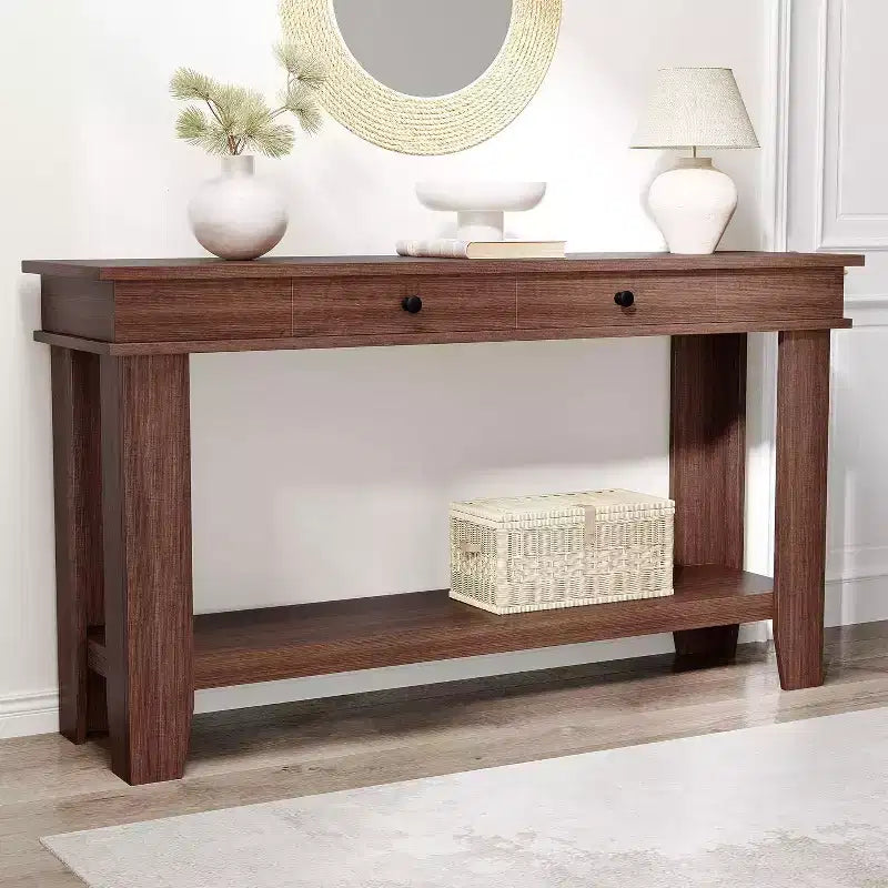 Mesa consola larga de 54 pulgadas, mesa de entrada de madera con 2 cajones y estante de almacenamiento abierto, mesa para recibidor, pasillo, sala de estar