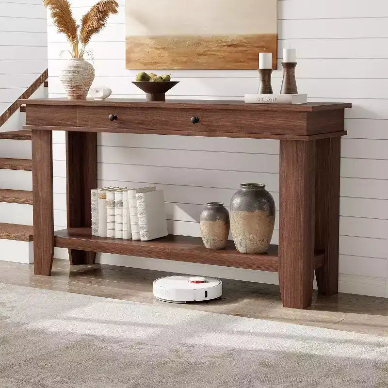 Mesa consola larga de 54 pulgadas, mesa de entrada de madera con 2 cajones y estante de almacenamiento abierto, mesa para recibidor, pasillo, sala de estar