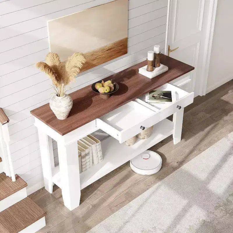 Mesa consola larga de 54 pulgadas, mesa de entrada de madera con 2 cajones y estante de almacenamiento abierto, mesa para recibidor, pasillo, sala de estar
