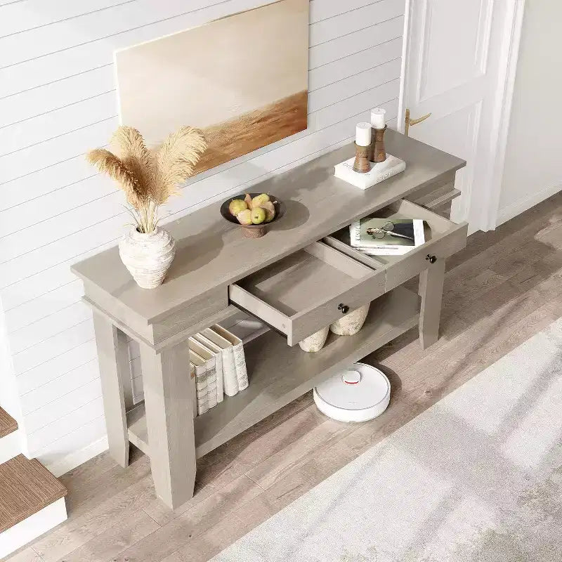 Mesa consola larga de 54 pulgadas, mesa de entrada de madera con 2 cajones y estante de almacenamiento abierto, mesa para recibidor, pasillo, sala de estar