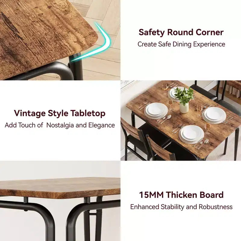 Juego de comedor de 5 piezas, juego de mesa de comedor para cocina para 4 personas, mesa cuadrada, estructura de metal, tablero de MDF, sillas tapizadas, fácil montaje, para el hogar