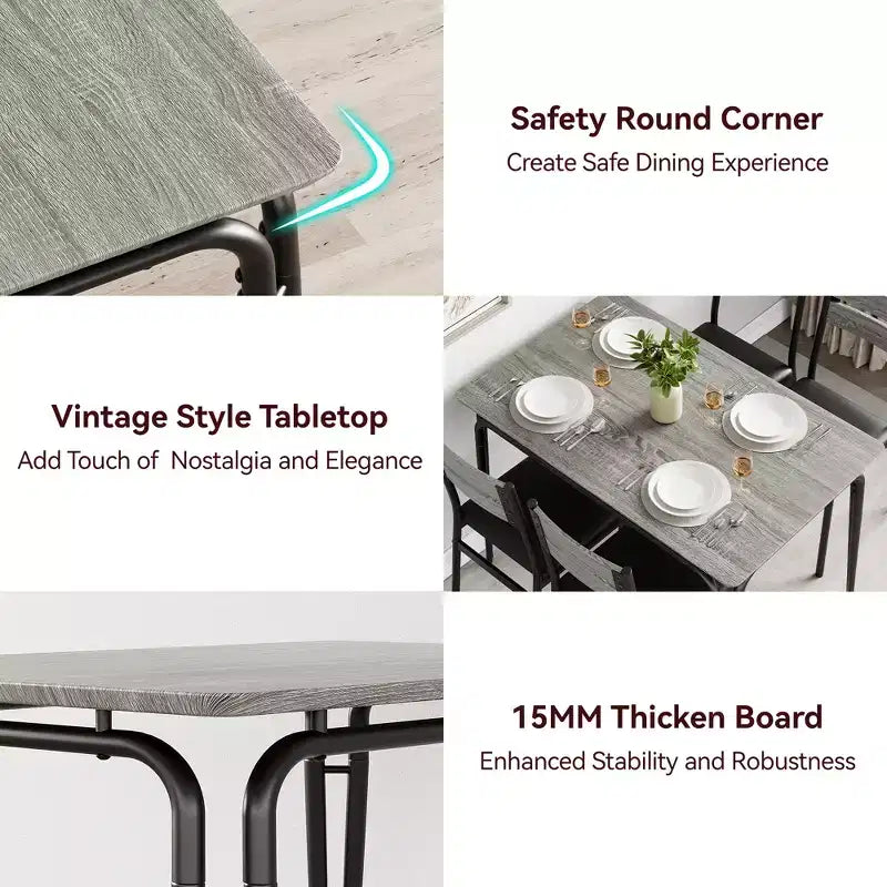 Juego de comedor de 5 piezas, juego de mesa de comedor para cocina para 4 personas, mesa cuadrada, estructura de metal, tablero de MDF, sillas tapizadas, fácil montaje, para el hogar