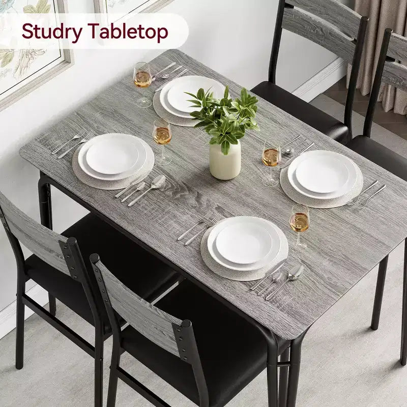 Juego de comedor de 5 piezas, juego de mesa de comedor para cocina para 4 personas, mesa cuadrada, estructura de metal, tablero de MDF, sillas tapizadas, fácil montaje, para el hogar