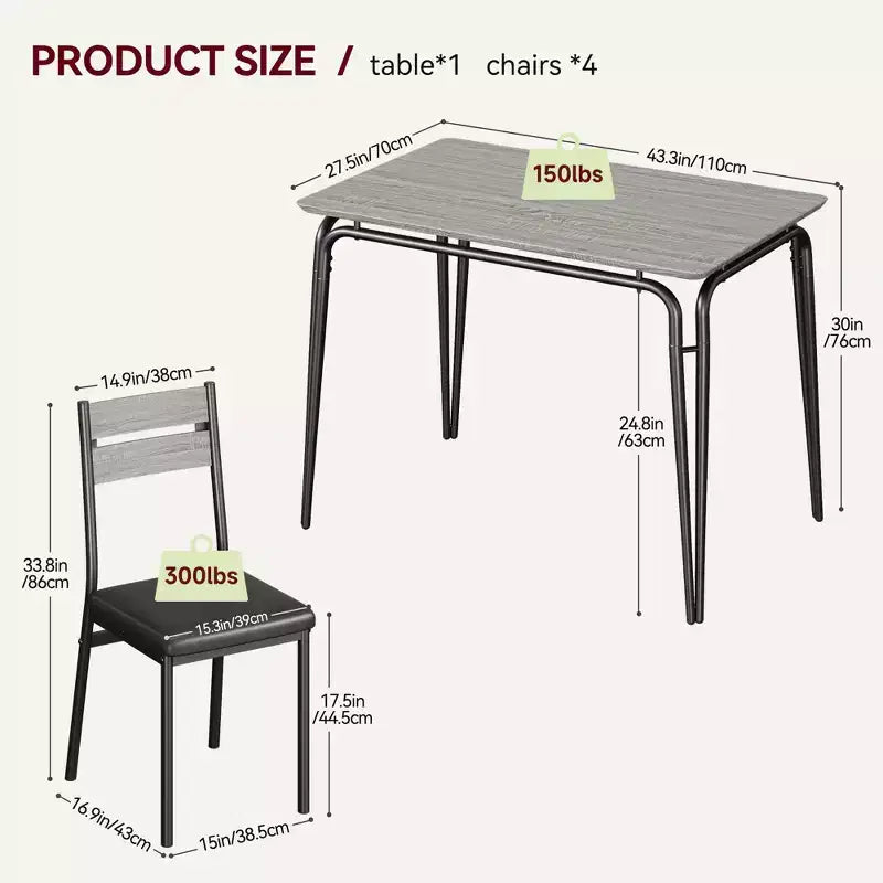 Juego de comedor de 5 piezas, juego de mesa de comedor para cocina para 4 personas, mesa cuadrada, estructura de metal, tablero de MDF, sillas tapizadas, fácil montaje, para el hogar