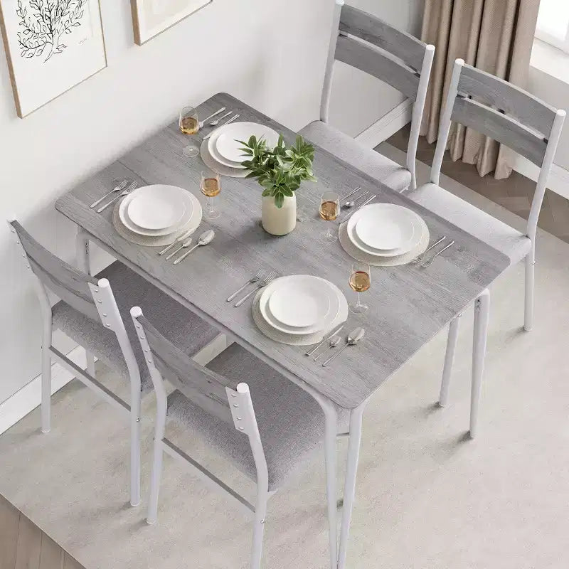 Juego de comedor de 5 piezas, juego de mesa de comedor para cocina para 4 personas, mesa cuadrada, estructura de metal, tablero de MDF, sillas tapizadas, fácil montaje, para el hogar