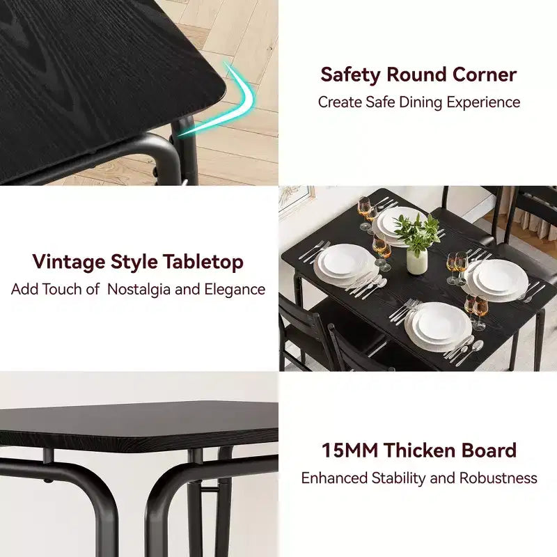 Juego de comedor de 5 piezas, juego de mesa de comedor para cocina para 4 personas, mesa cuadrada, estructura de metal, tablero de MDF, sillas tapizadas, fácil montaje, para el hogar
