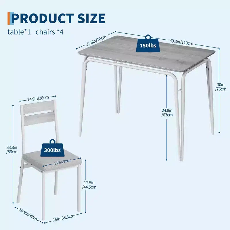 Juego de comedor de 5 piezas, juego de mesa de comedor para cocina para 4 personas, mesa cuadrada, estructura de metal, tablero de MDF, sillas tapizadas, fácil montaje, para el hogar