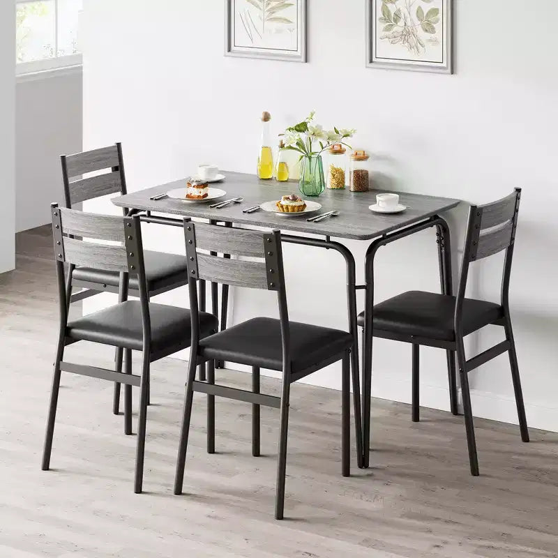 Juego de comedor de 5 piezas, juego de mesa de comedor para cocina para 4 personas, mesa cuadrada, estructura de metal, tablero de MDF, sillas tapizadas, fácil montaje, para el hogar