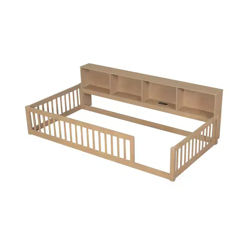 Bellemave Cama de Piso Twin XL con Gabinetes de Almacenamiento y Puertos de Carga USB, Estructura de Madera Sólida con Valla Semicerrada, Fácil Montaje, Marrón