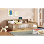 Bellemave Cama de Piso Twin XL con Gabinetes de Almacenamiento y Puertos de Carga USB, Estructura de Madera Sólida con Valla Semicerrada, Fácil Montaje, Marrón