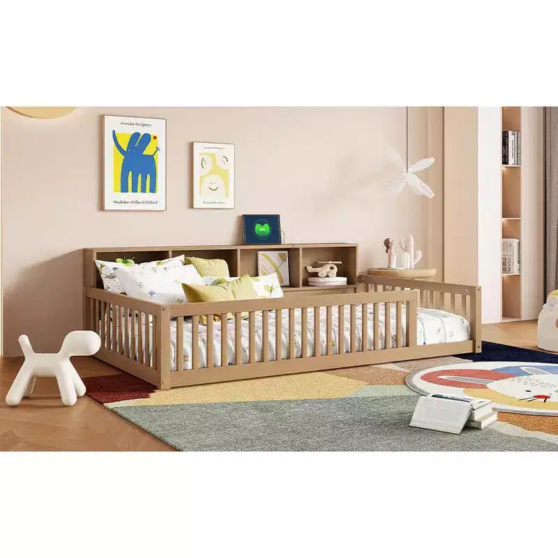 Bellemave Cama de Piso Twin XL con Gabinetes de Almacenamiento y Puertos de Carga USB, Estructura de Madera Sólida con Valla Semicerrada, Fácil Montaje, Marrón