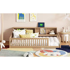 Bellemave Cama de Piso Twin XL con Gabinetes de Almacenamiento y Puertos de Carga USB, Estructura de Madera Sólida con Valla Semicerrada, Fácil Montaje, Marrón