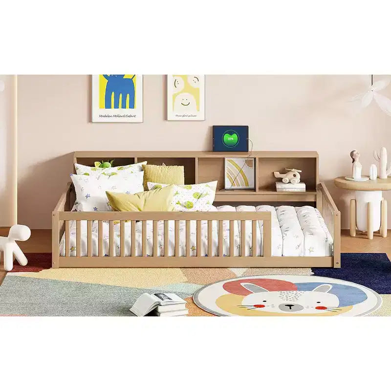 Bellemave Cama de Piso Twin XL con Gabinetes de Almacenamiento y Puertos de Carga USB, Estructura de Madera Sólida con Valla Semicerrada, Fácil Montaje, Marrón