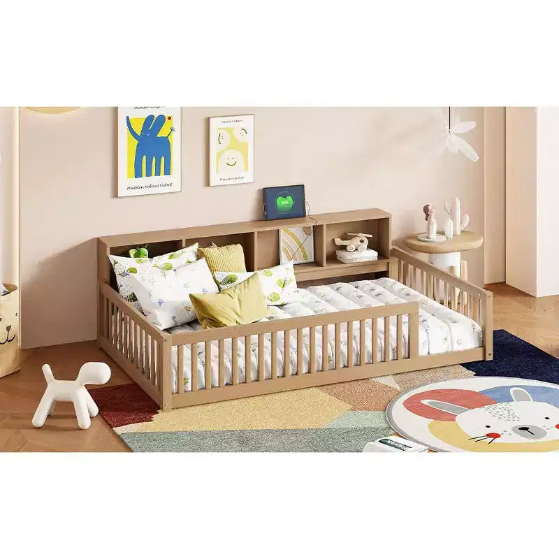 Bellemave Cama de Piso Twin XL con Gabinetes de Almacenamiento y Puertos de Carga USB, Estructura de Madera Sólida con Valla Semicerrada, Fácil Montaje, Marrón