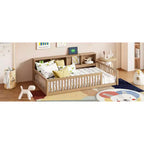 Bellemave Cama de Piso Twin XL con Gabinetes de Almacenamiento y Puertos de Carga USB, Estructura de Madera Sólida con Valla Semicerrada, Fácil Montaje, Marrón